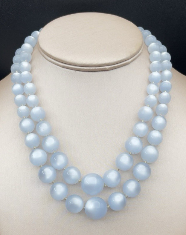 Vintage 1950s Richelieu Pale Blue Moonglow Lucite Double Strand Bead Necklace