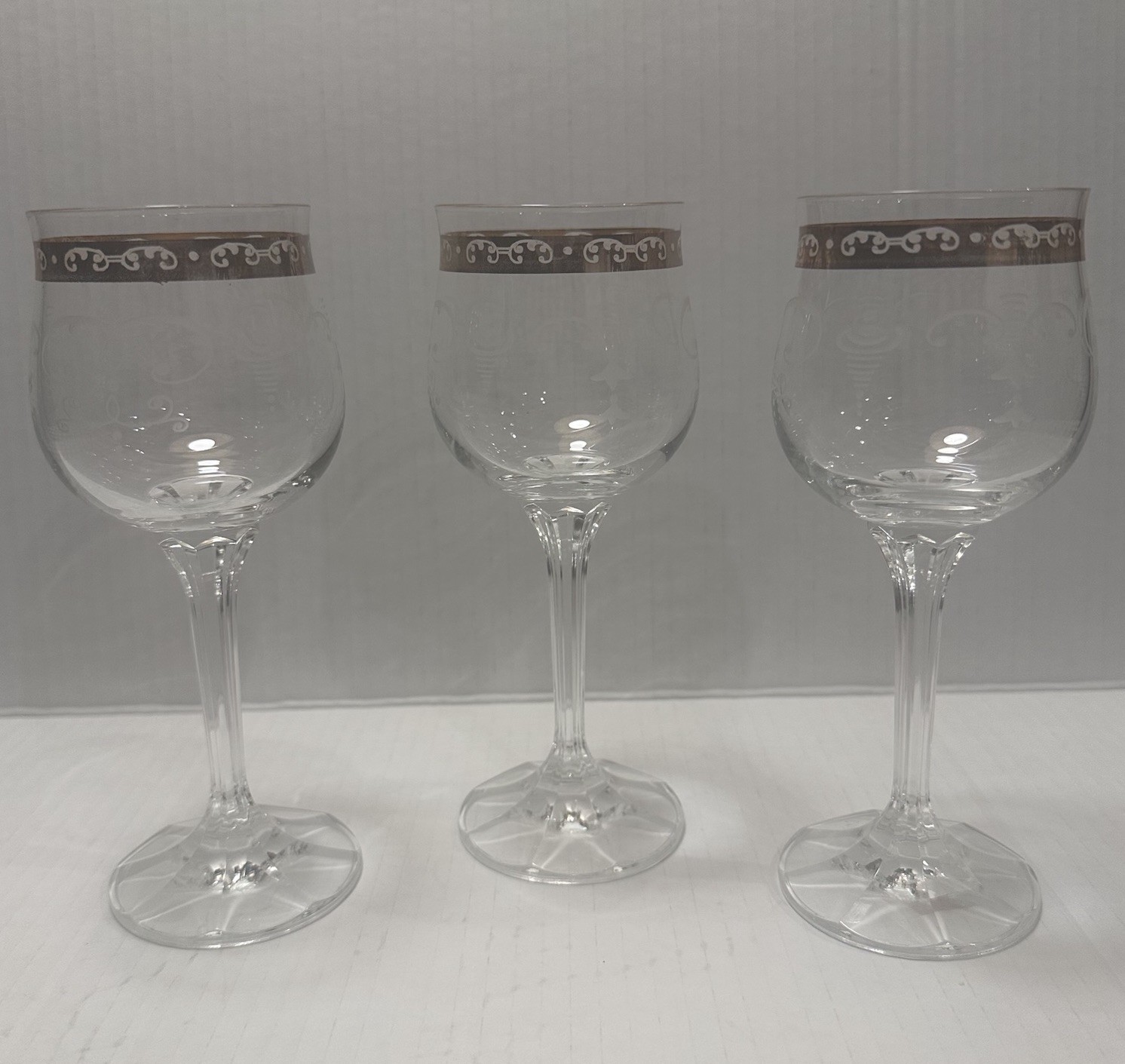 Vintage Czech Bohemian Crystal Etched Wine Glasses w/ Gold Rim. Set of 3
