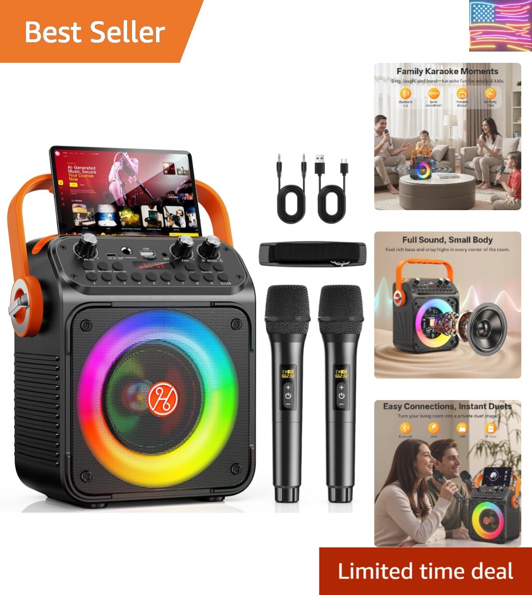 Karaoke Machine, Portable Bluetooth Karaoke Speaker with 2 Wireless Microphon...