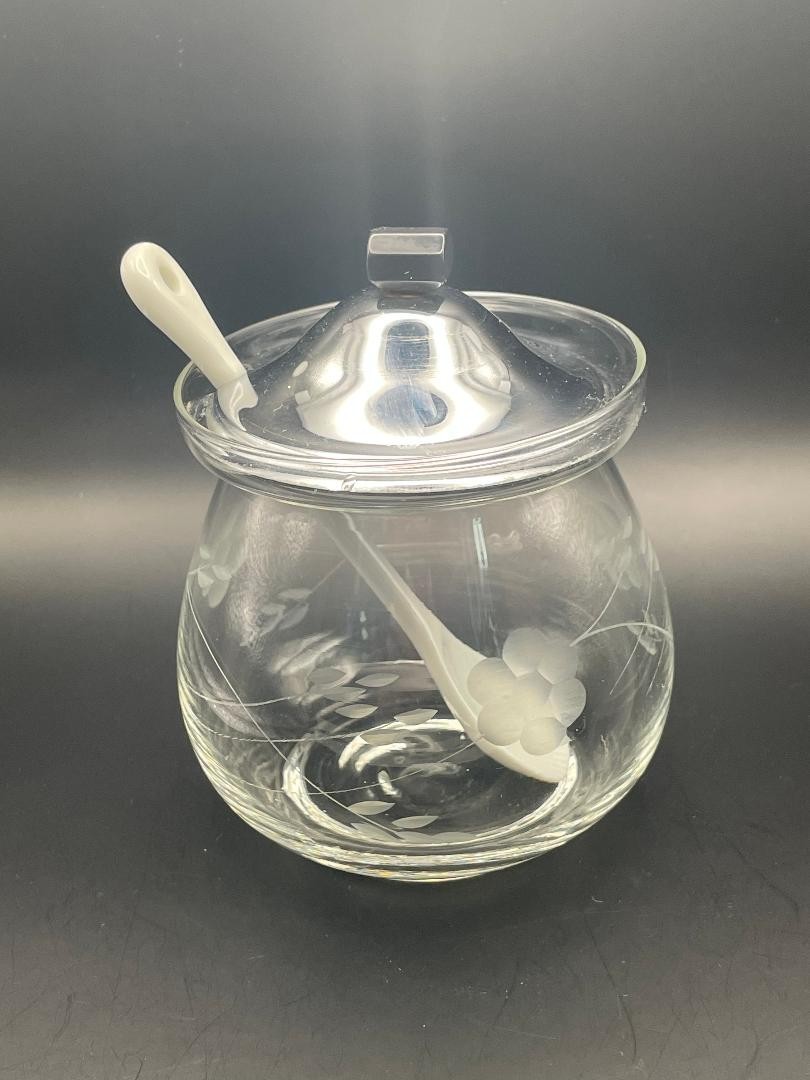 Vintage Etched Crystal Jam Jar - 3pc Set - Floral Wheel-Cut Glass Condiment Pot