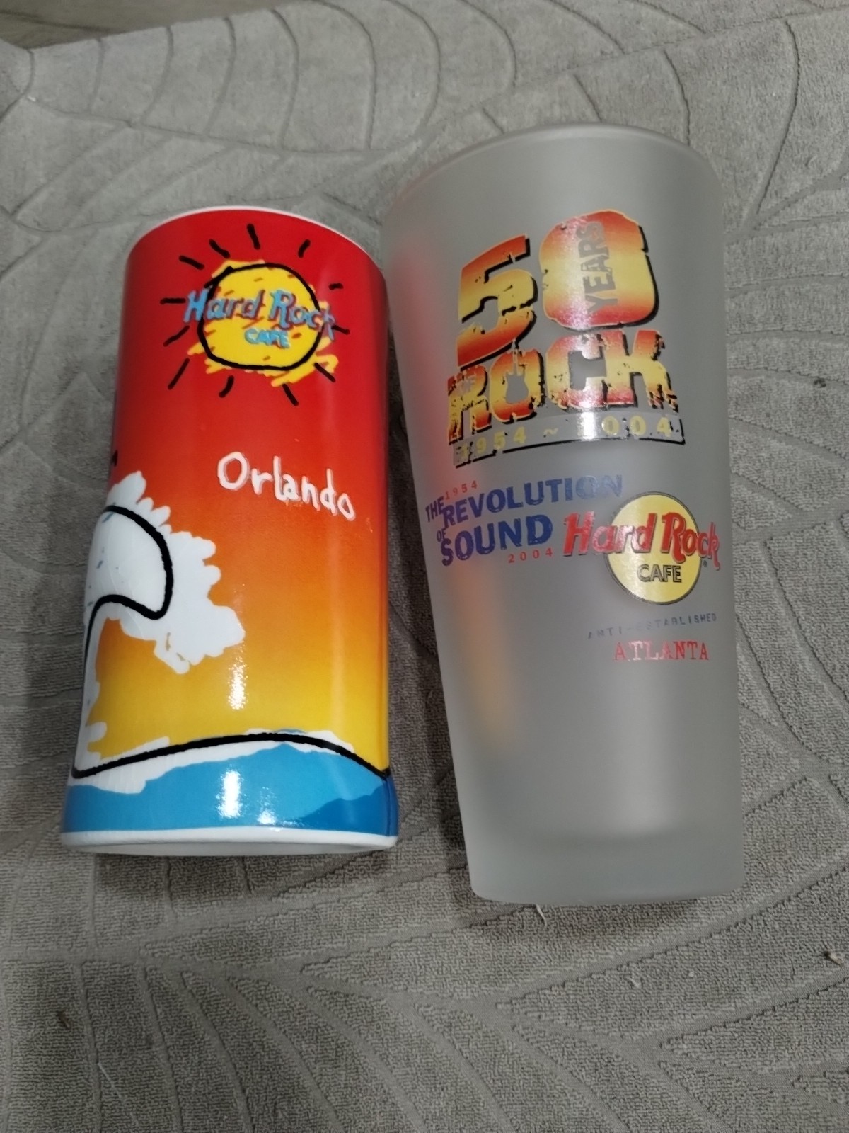 2 Hard Rock Cafe Cups 50 years Frosted Glass Pepsi LA/Tumbler Save The Planet