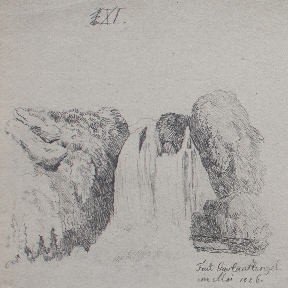 River Waterfall Landscape Study Gustav Stengel Sign Pencil Drawing 1826