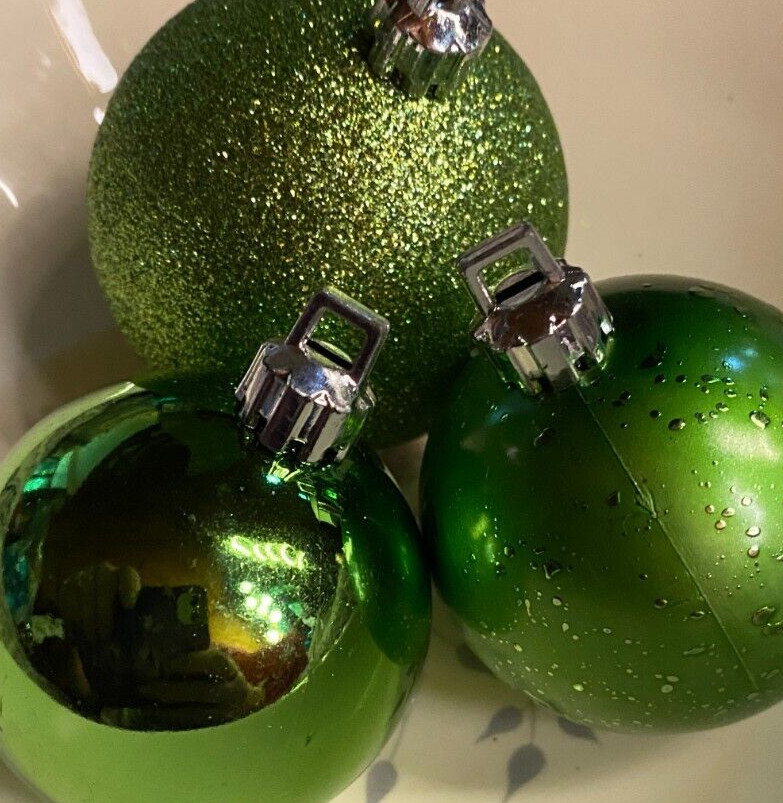3 Round Glitter & Shiny Green 2"-2.5" Plastic Christmas Ornaments