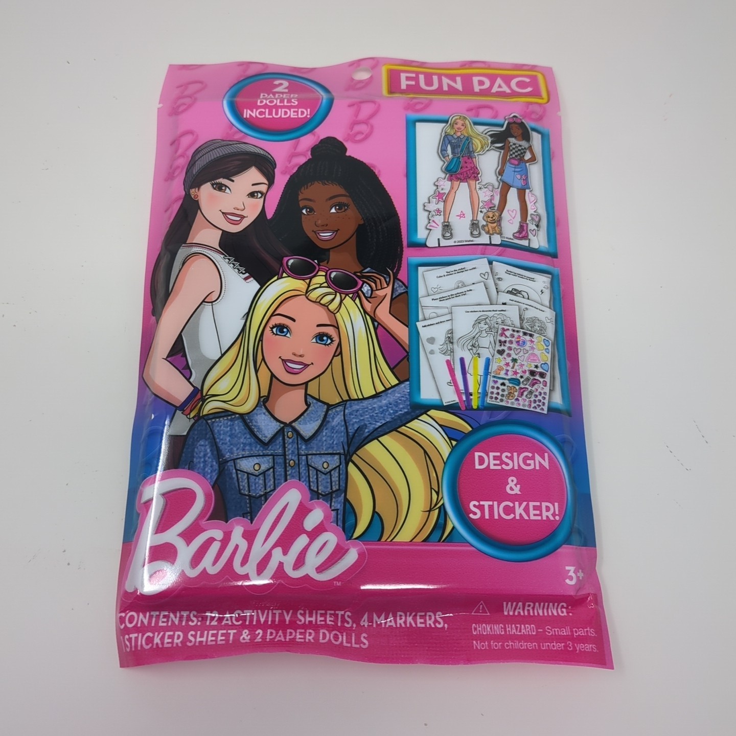 Barbie Fun Pac Design & Sticker 2 Dolls 12 Sheets 4 Markers Sticker Sheet NEW