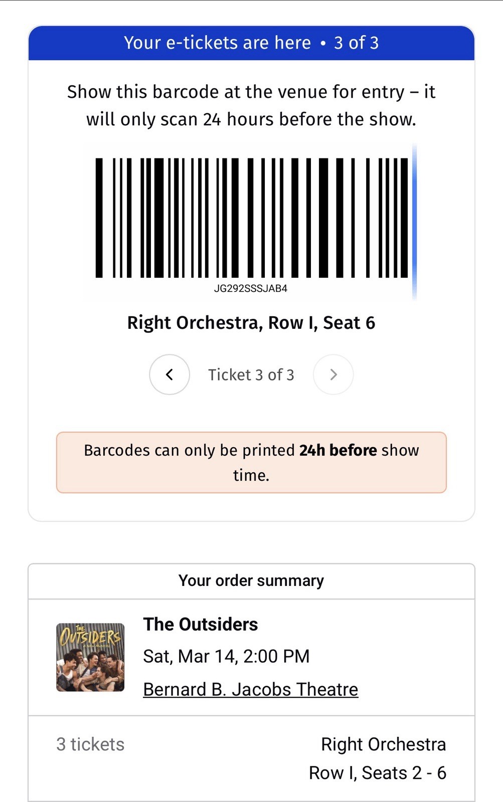 3 tickets on the aisle for The Outsiders on Broadway @ 2pm on Saturday 03/14/26