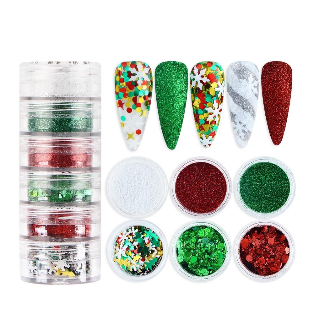 LPOODDNU Winter Nail Art Decorations: Flakes 3D christmas red green glitters 