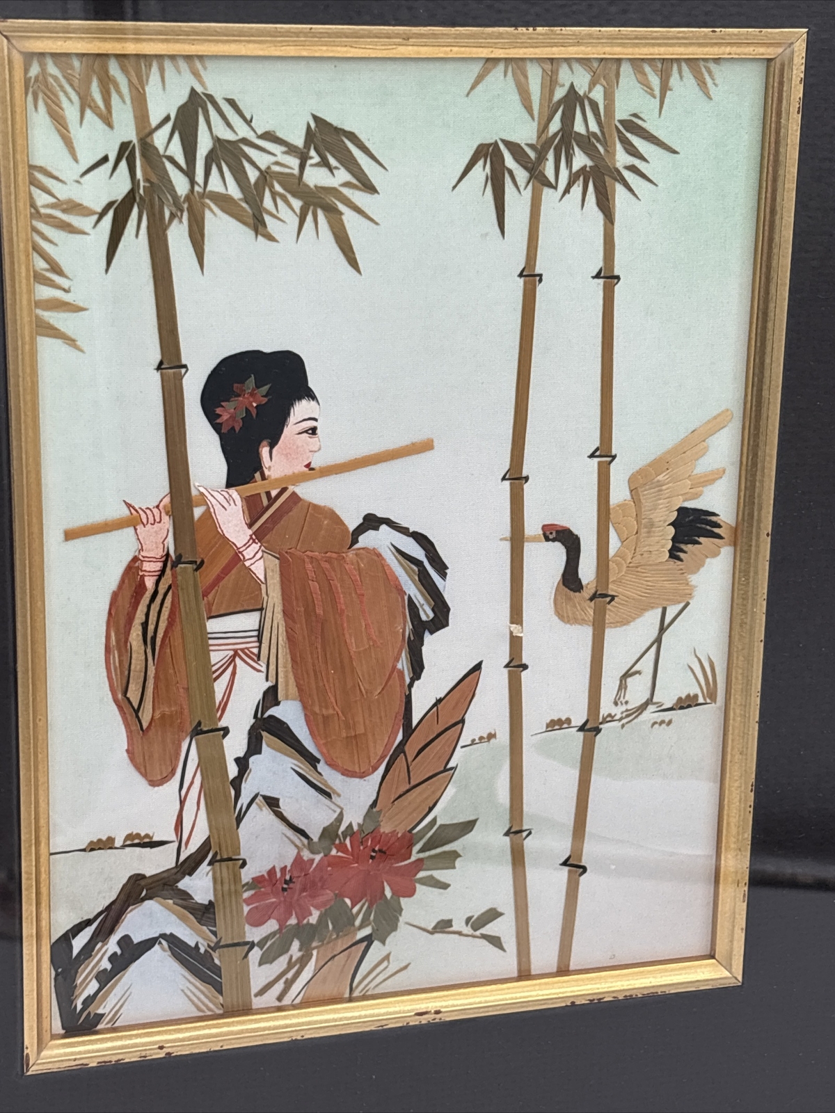 2- Asian Hand Cut Painted Wheat Stalk Silk Crane Geisha Bamboo Framed