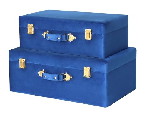  Velvet Storage Trunks with Wood Frame, Set of 2 Storage Chests Blue Trunks