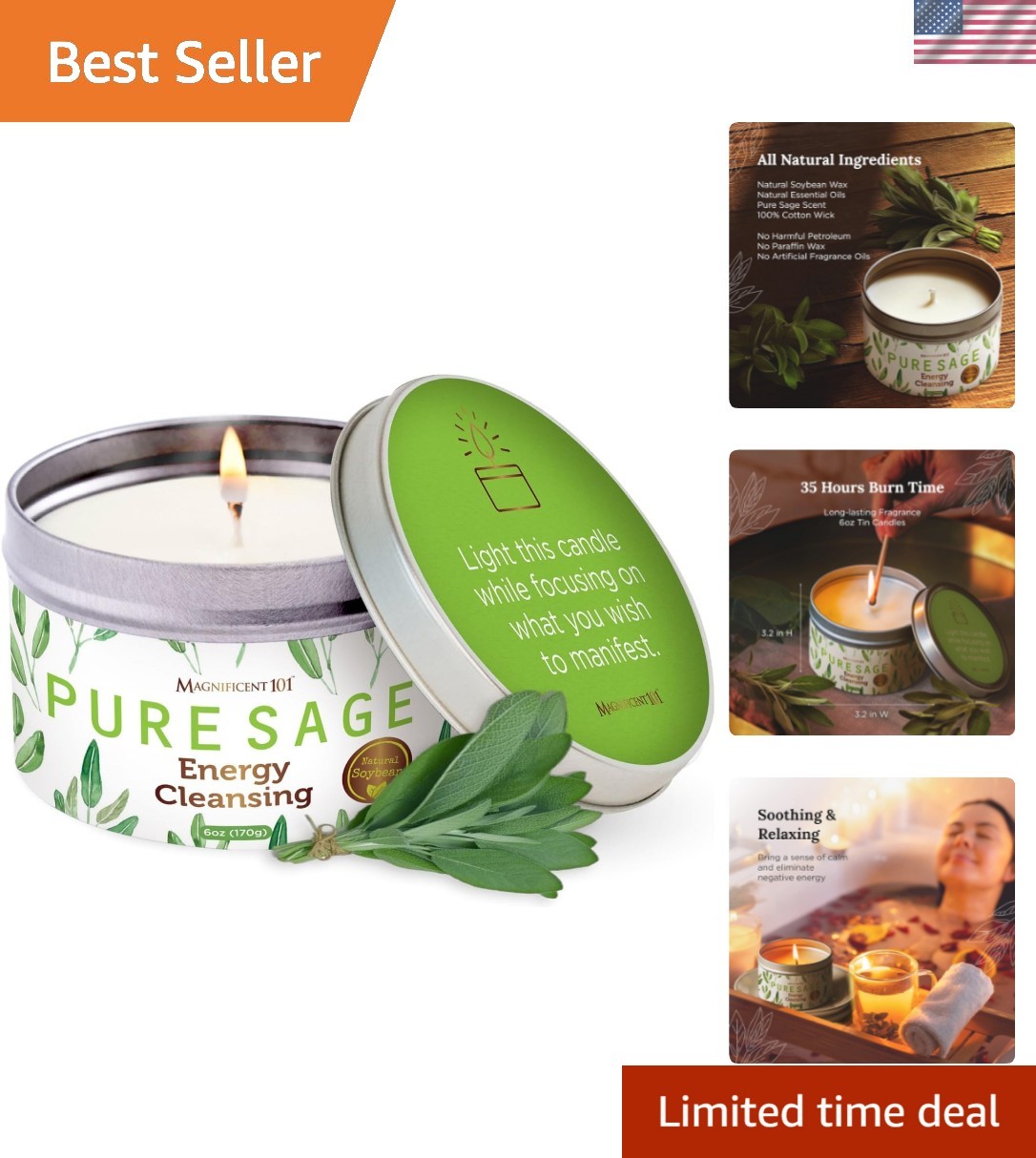 Long Lasting Pure White Sage Candle - 6 Oz - 35 Hour Burn Time - Organic, All...