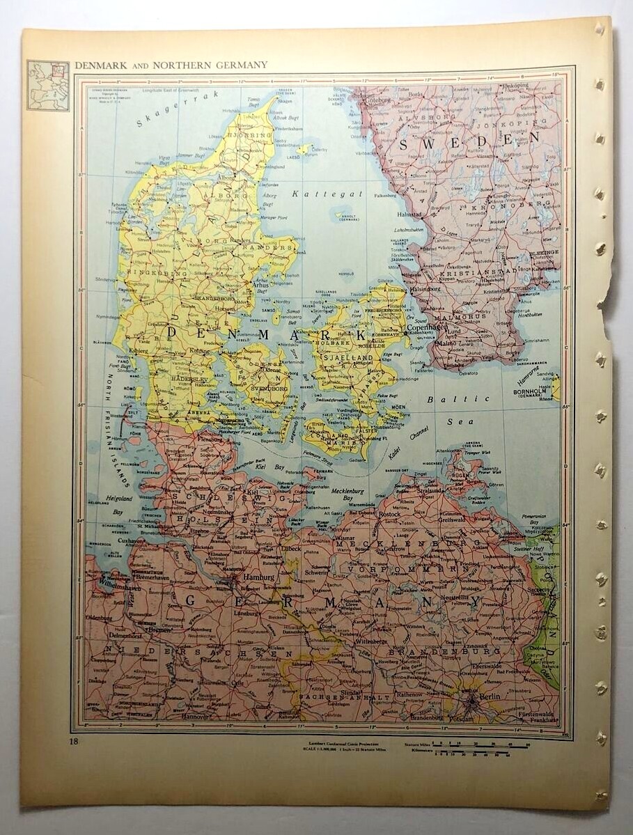 1952 Vintage DENMARK Antique Atlas Map - Encyclopedia Britannica World Atlas