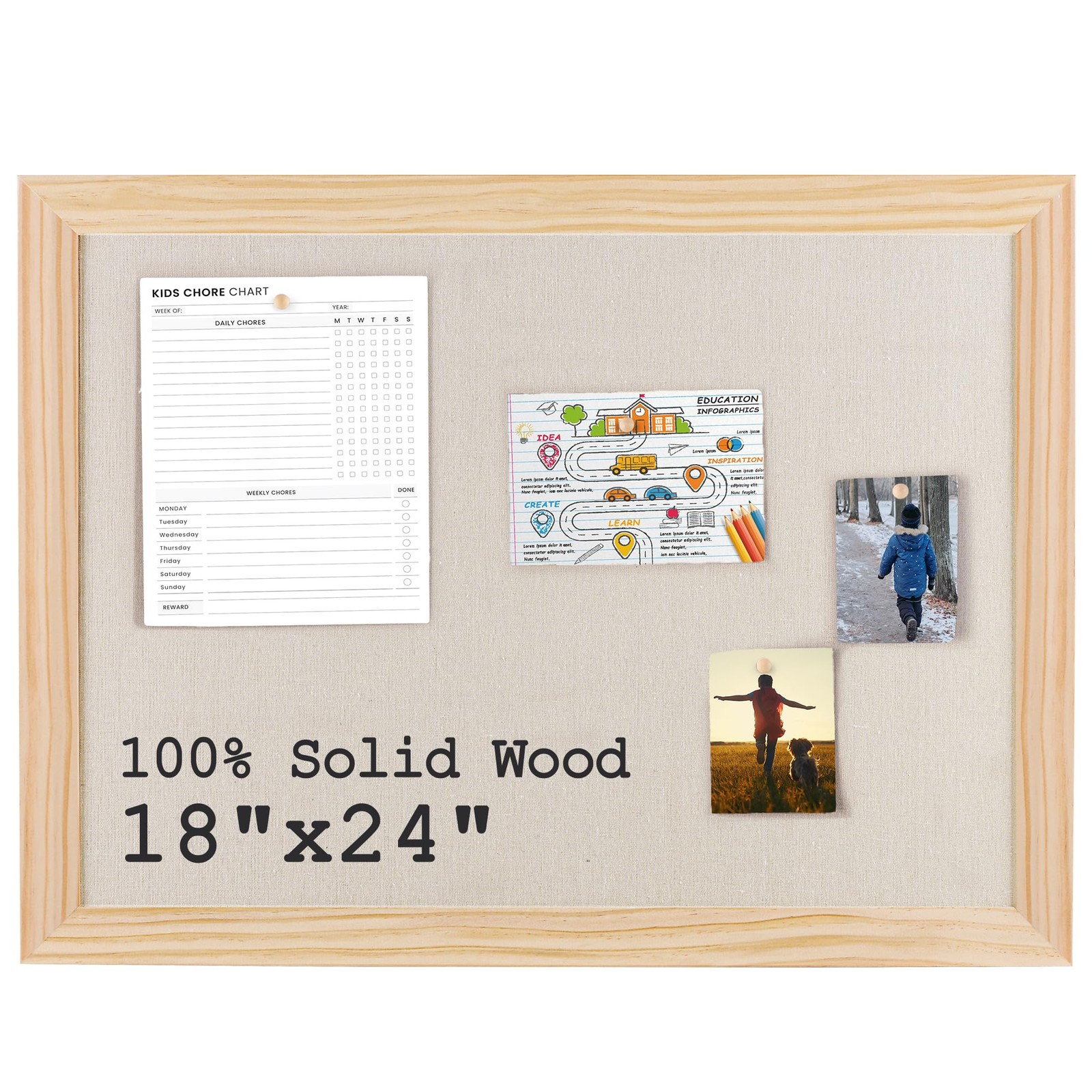 Linen Cork Bulletin Board, 100% Wood Framed 18" x 24" Pin Board