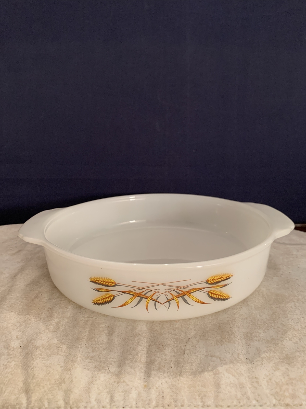 Vintage Fire King Ovenware 450 Round Dish Wheat Gold Bown on White