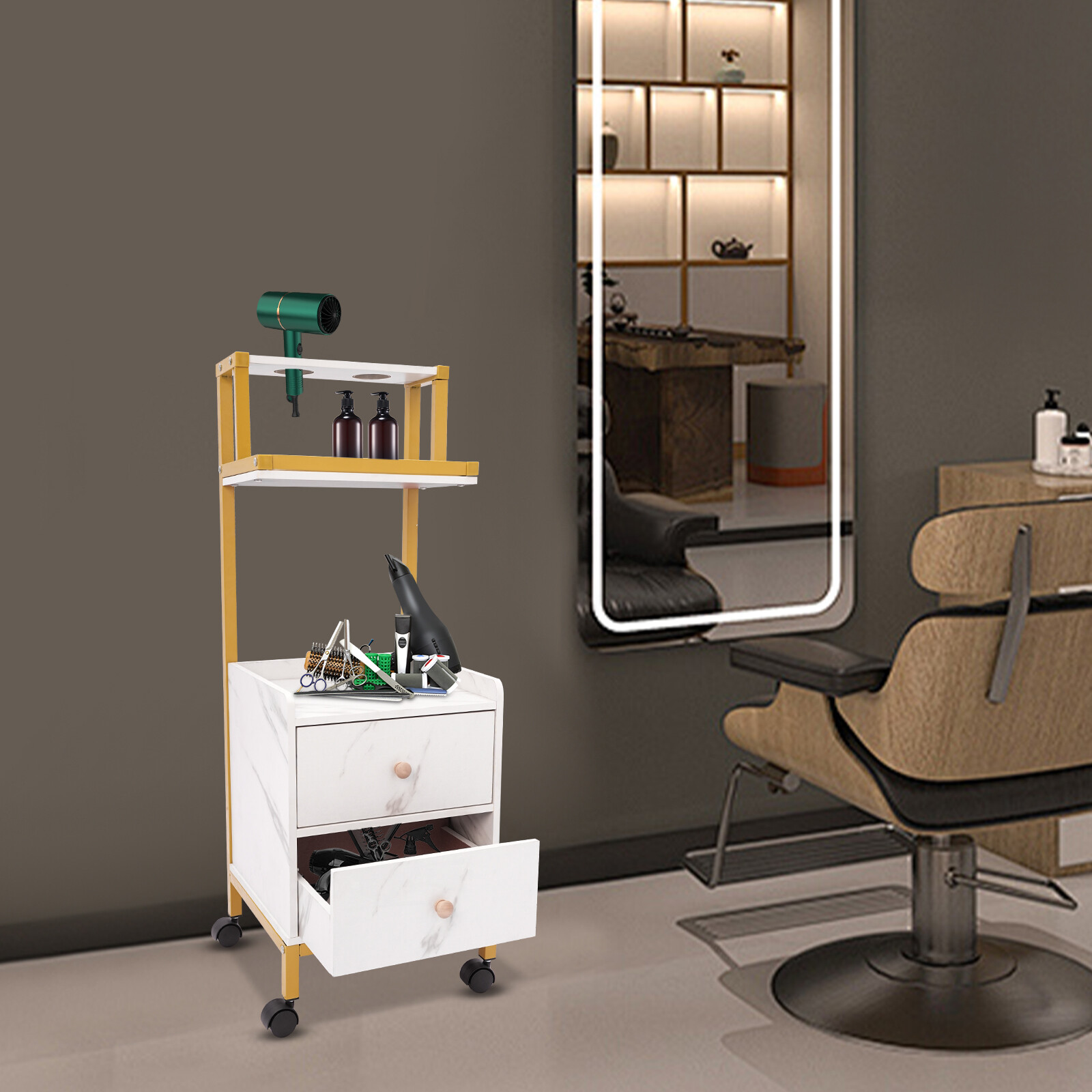 Two Storage Drawers Barber Cart W/4 Wheels Rolling Trolley Cart White And Gold