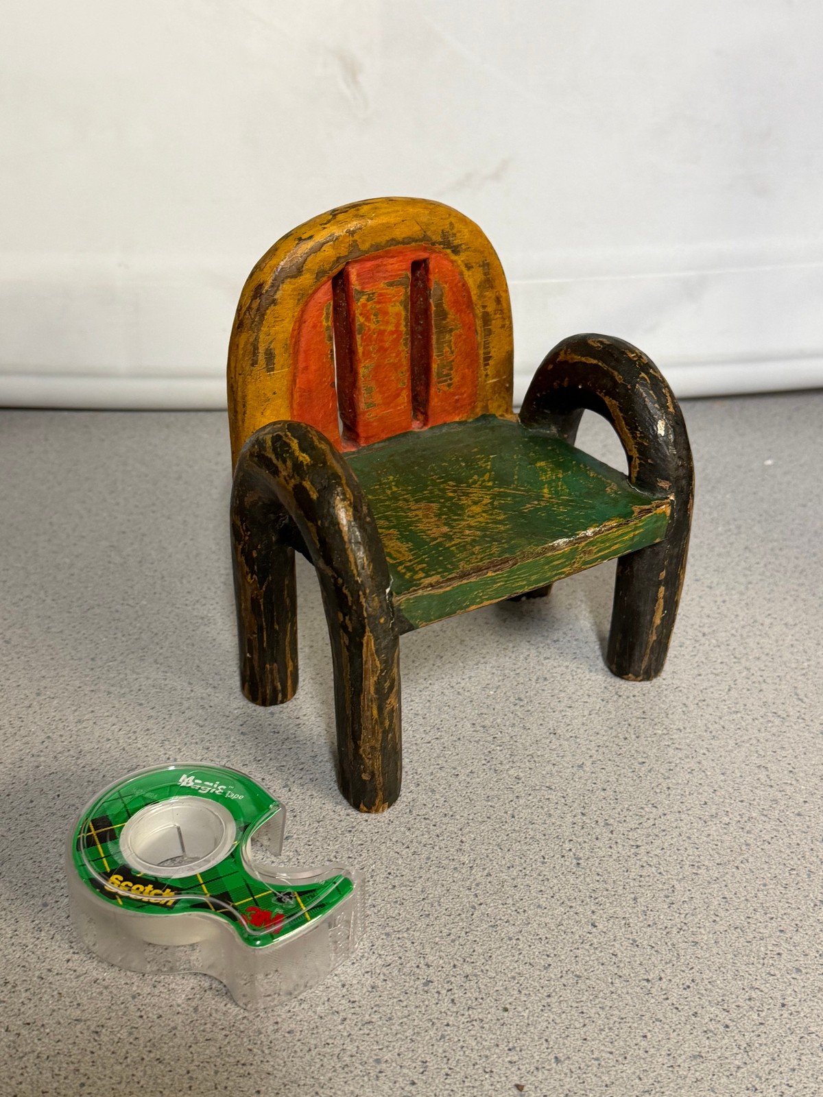 Vintage Folk Art Miniature Doll Chair Hand Carved Wood Hand Painted Rustic Decor