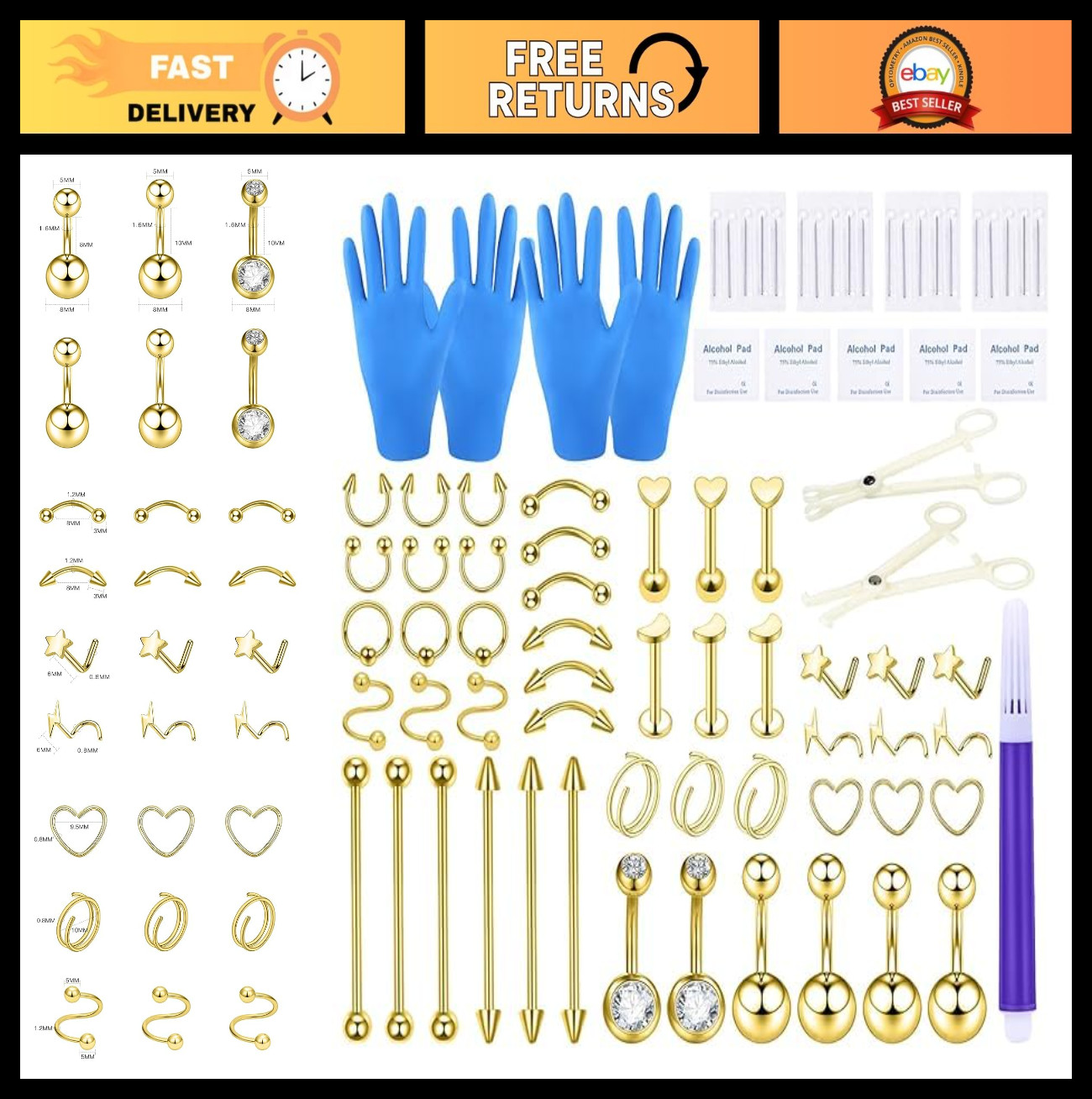 Stainless Steel Piercing Kit - Belly Button, Ear, Nose, Septum Jewelry Tools 20G