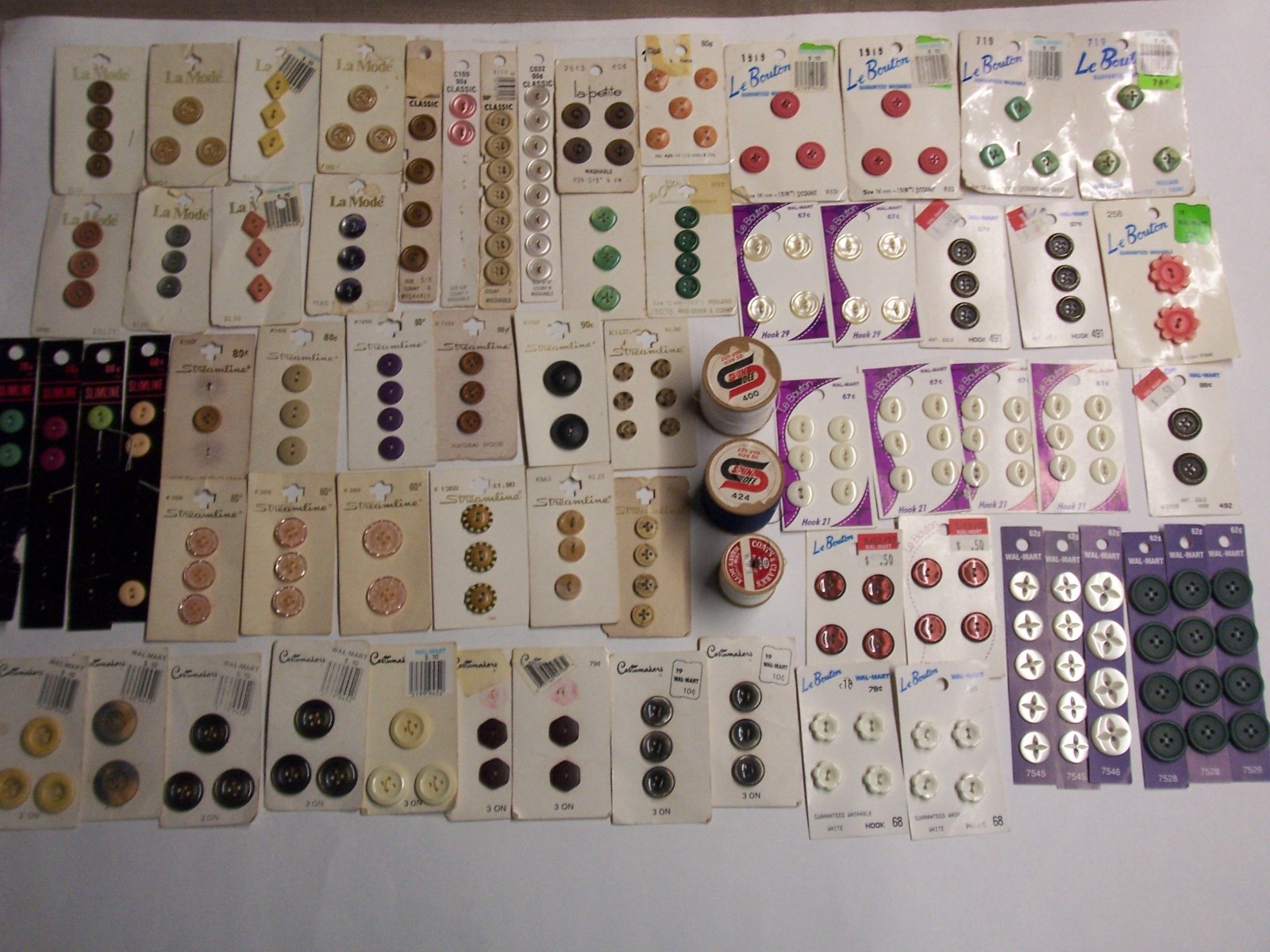 Buttons on cards, vintage to modern buttons & sewing thread on wood spools