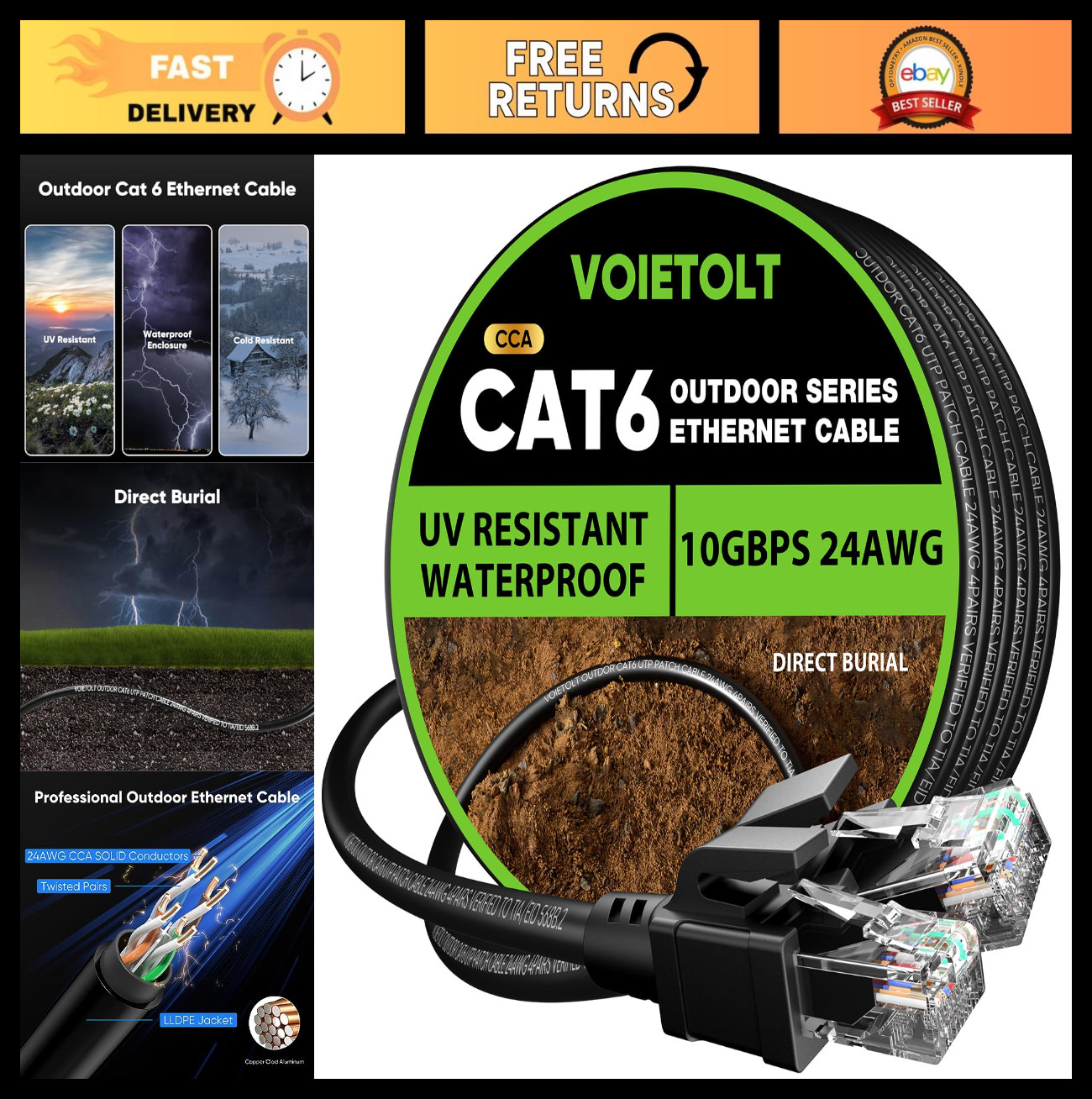 150ft Cat 6 Outdoor Ethernet Cable, 10Gbps Waterproof Direct Burial, UV Jacket,