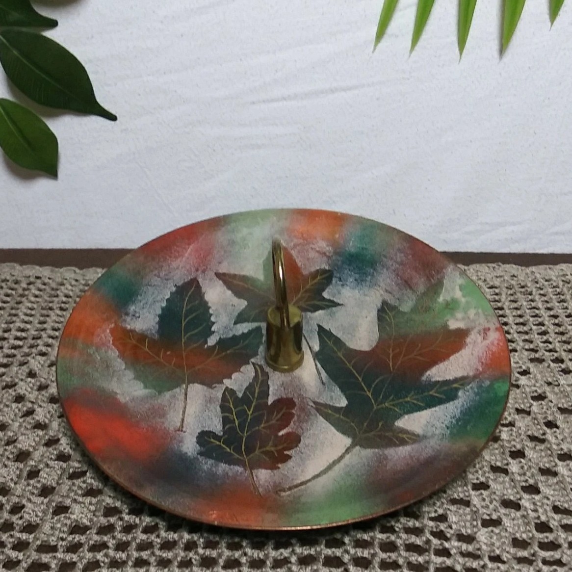Vintage Enamel On Copper 7.5" Tidbit Tray Autumn Leaf 1965 Camouflage Camo