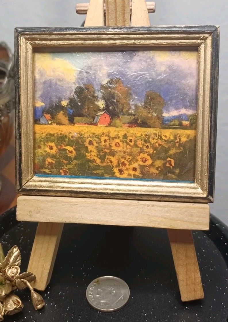 Artisan Signed Vintage Dollhouse Painting Farm Landscape Red Barn & Sunflowers 