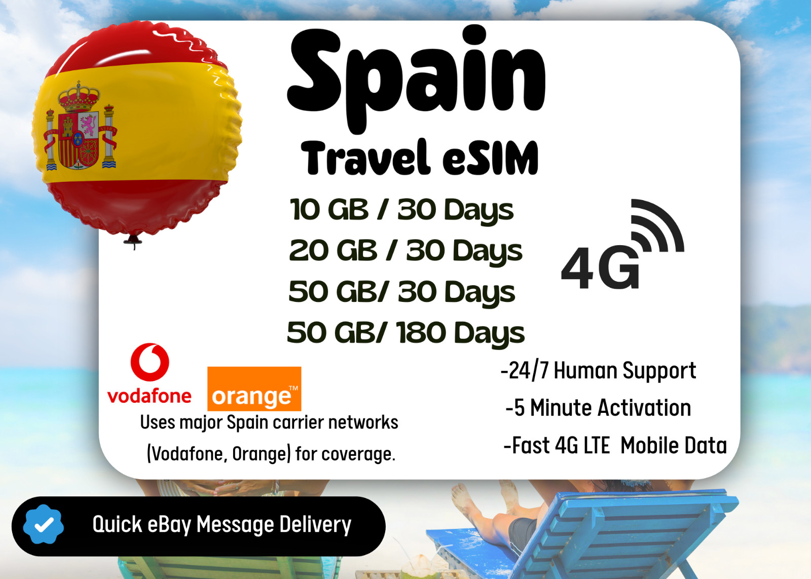 [eSIM]  Spain Travel eSIM Card, 10-50GB, 30-180Days, QR Cod, Same Day Delivery