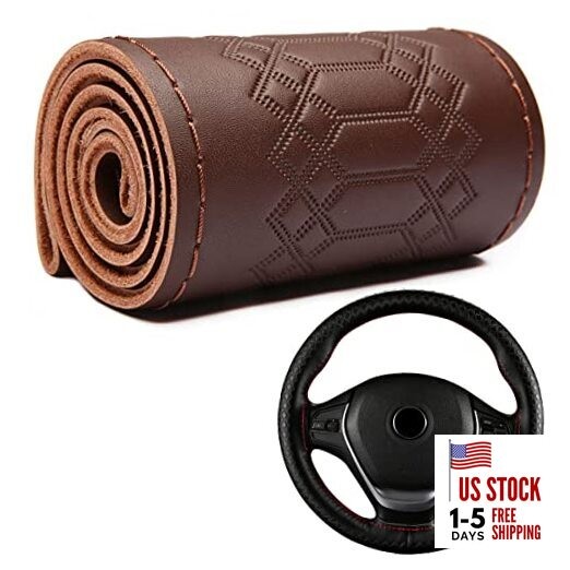 Car Steering Wheel Cover Universal Fit Round Stitch Steering Wheel Wrap Coffee
