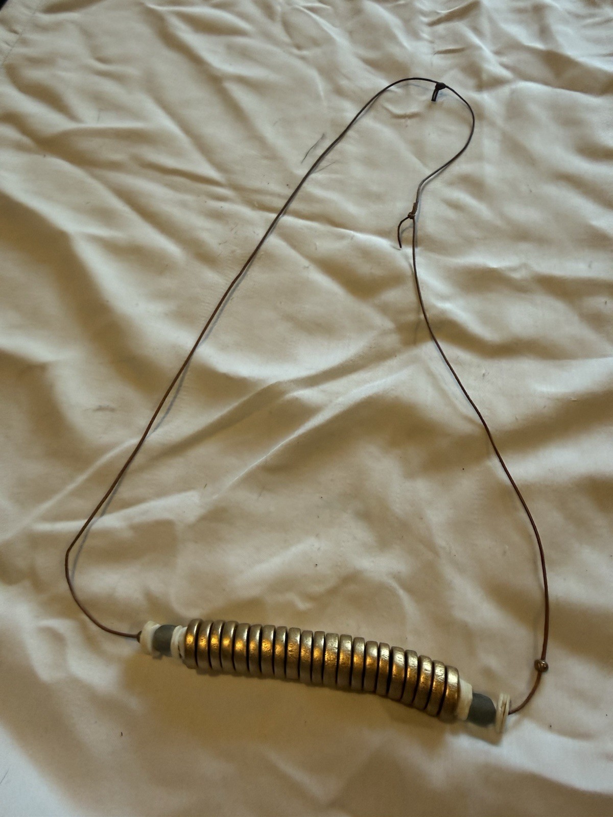 Ethnic Beaded Necklace with Cylindrical Brass Pendant, Gold Brown Cord