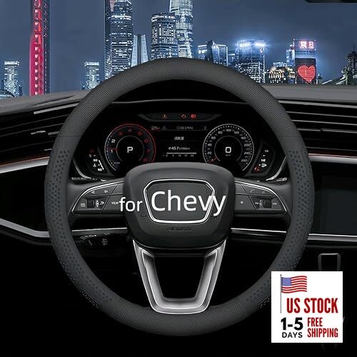 Leather Steering Wheel Cover for Chevy Silverado 1500 2500 3500, 14.5-15 Black