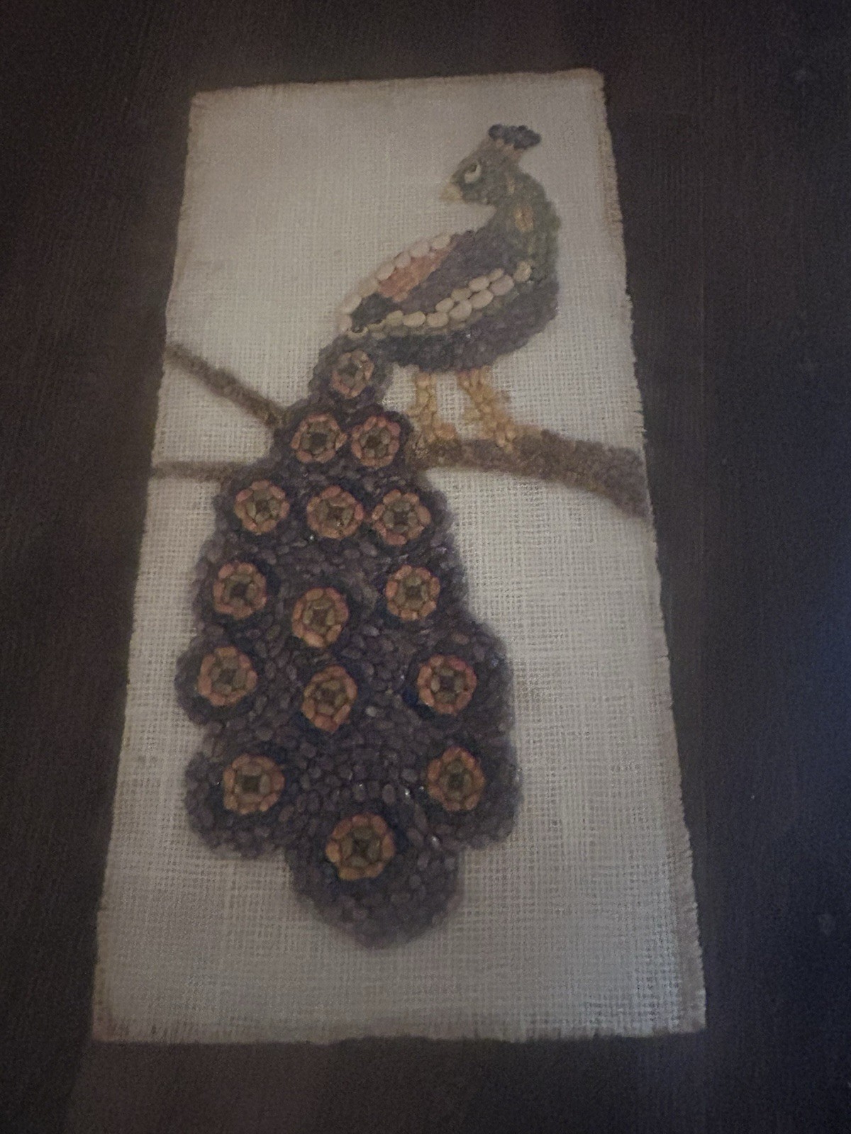 Vintage Homemade  Peacock Craft Art Made From Grains And Rice  8x16