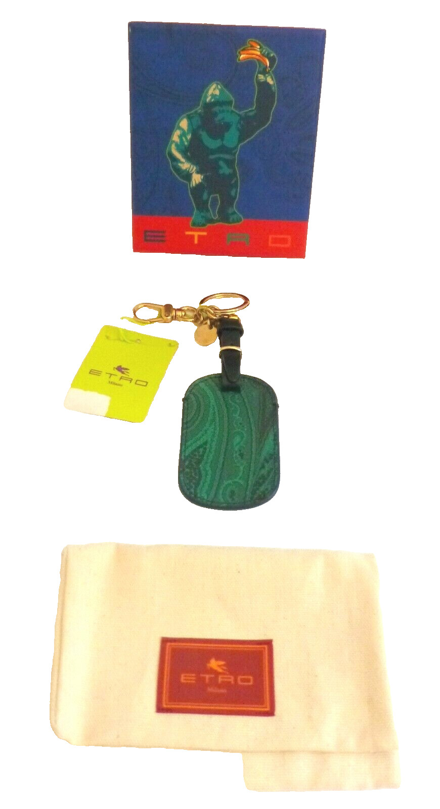 Etro Keyring Luggage Tag ID Holder Unisex Green Paisley Leather NWT