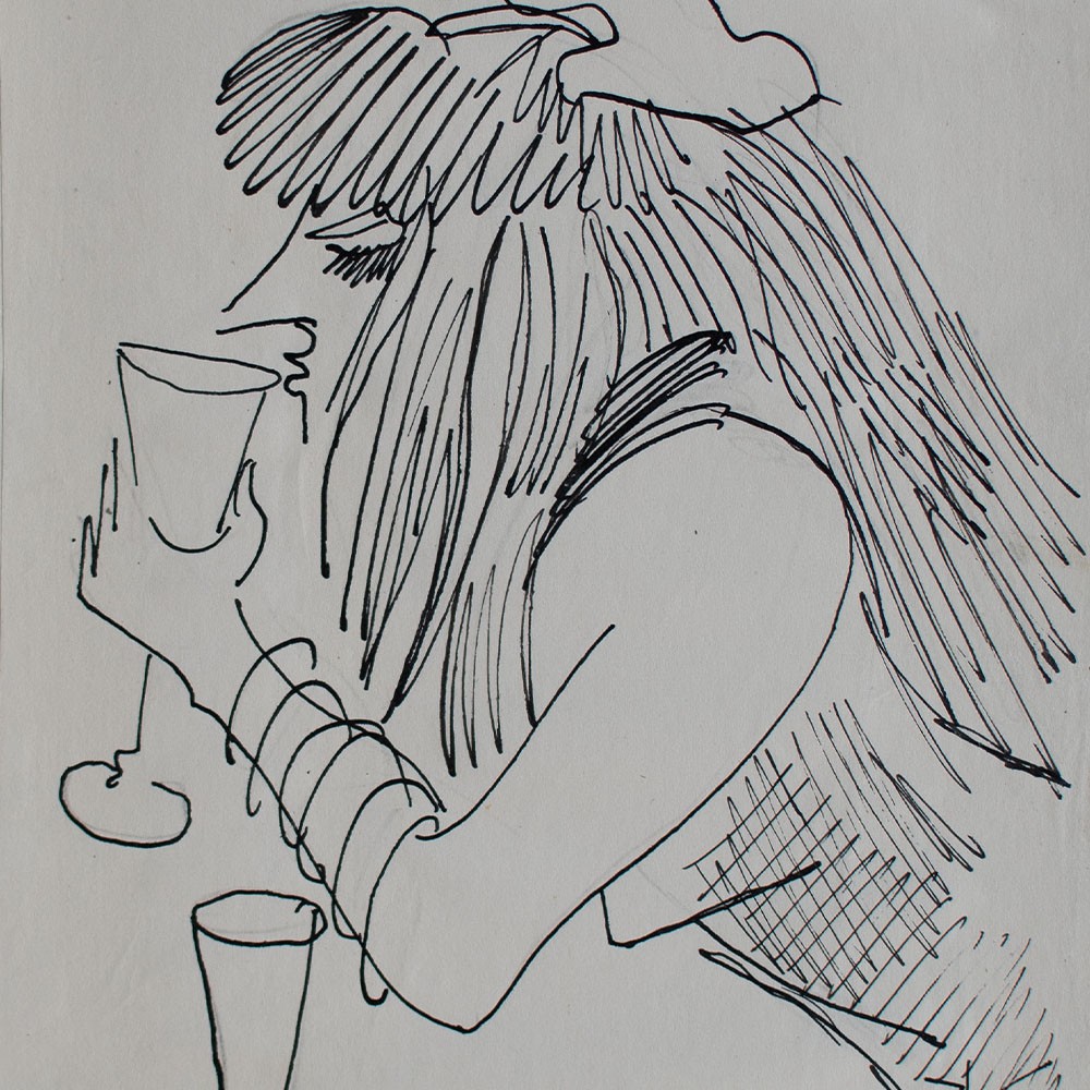 Karl Lotze Woman Portrait Woman in Bar Humor Signed Ink Drawing 1958