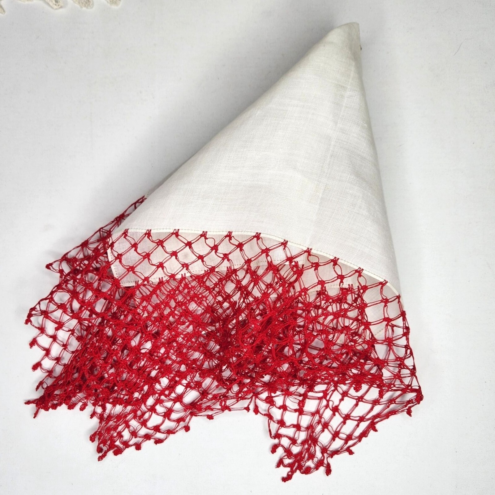 11in White Handkerchief Doily 2.5in Red Fishnet Edge Trim Crochet Square HOLE