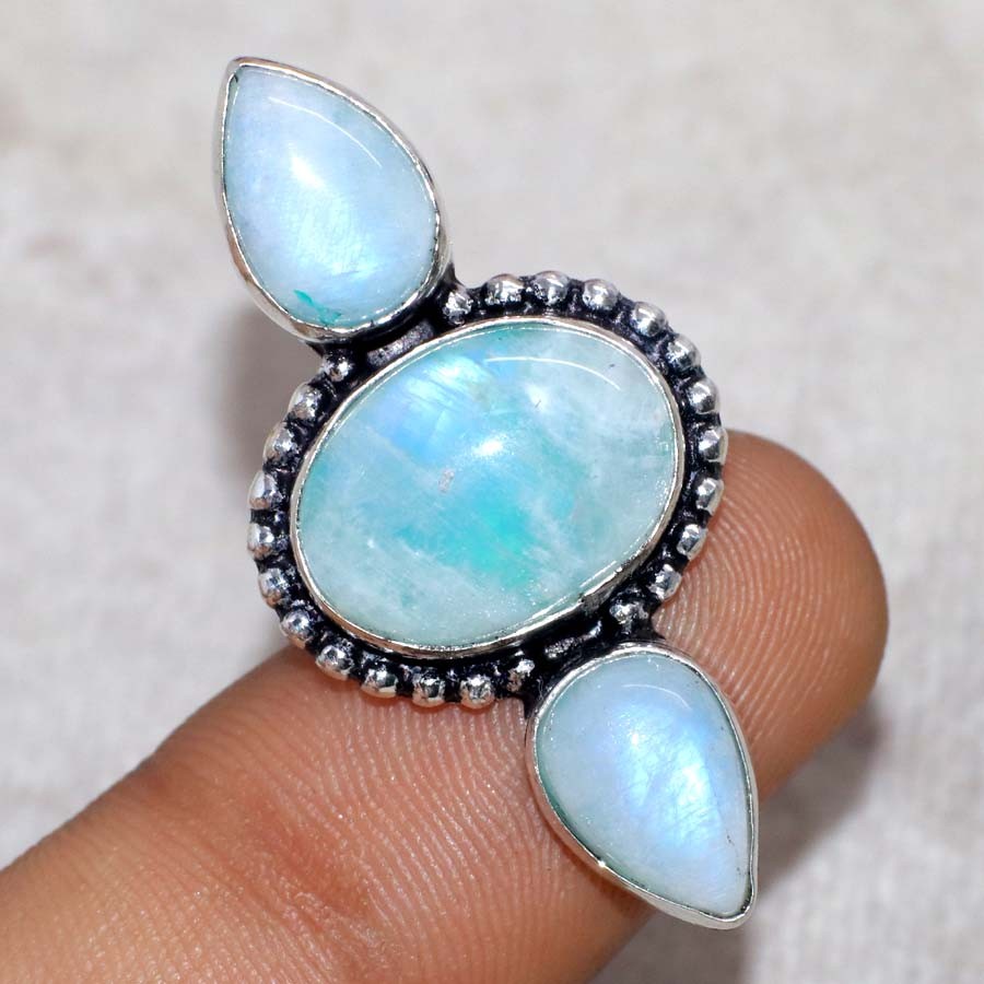 925 Silver Plated Long Rainbow Moonstone Ring US 6.5 Weekend Style Jewelry GW
