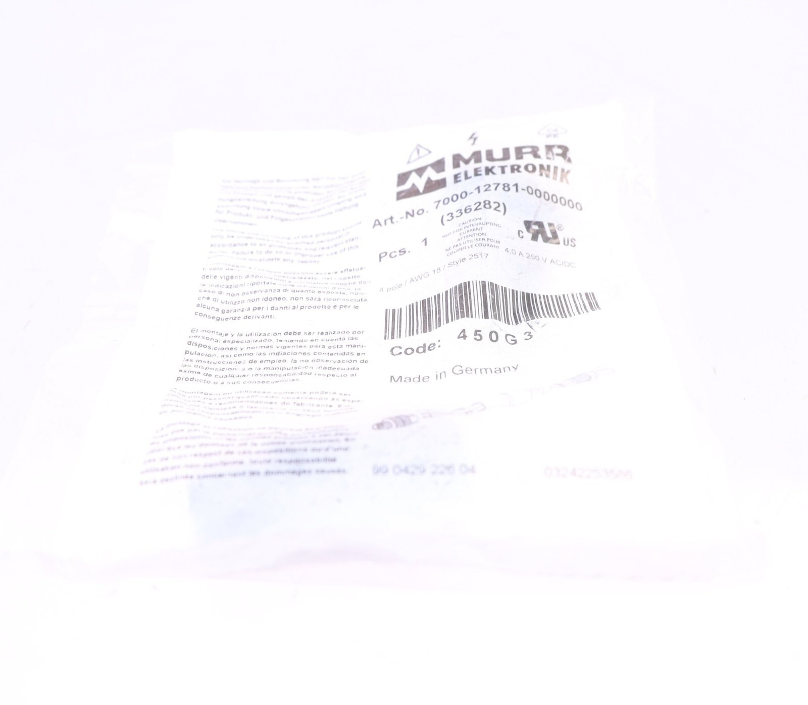 MURR ELEKTORNIK 7000-12781-000000 336282 M12 4pin MALE! NEW! *kk