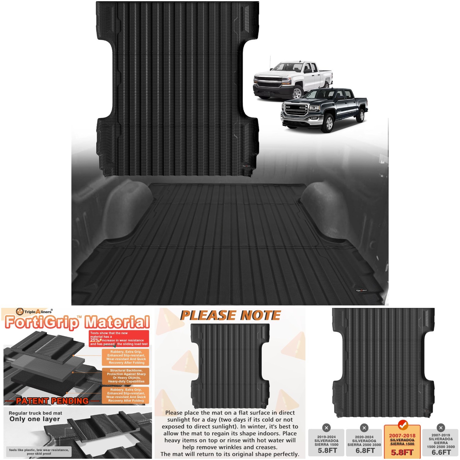 Truck Bed Mat 5.8FT 2007-2018 Chevy Silverado GMC Sierra 1500 All Weather TPE