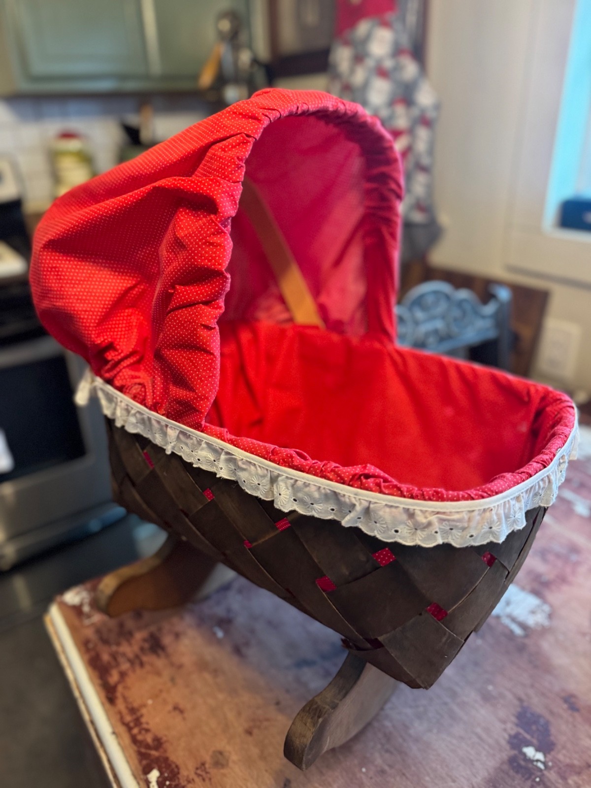 Beautiful baby doll bassinet little girls vintage red, wicker, and wood