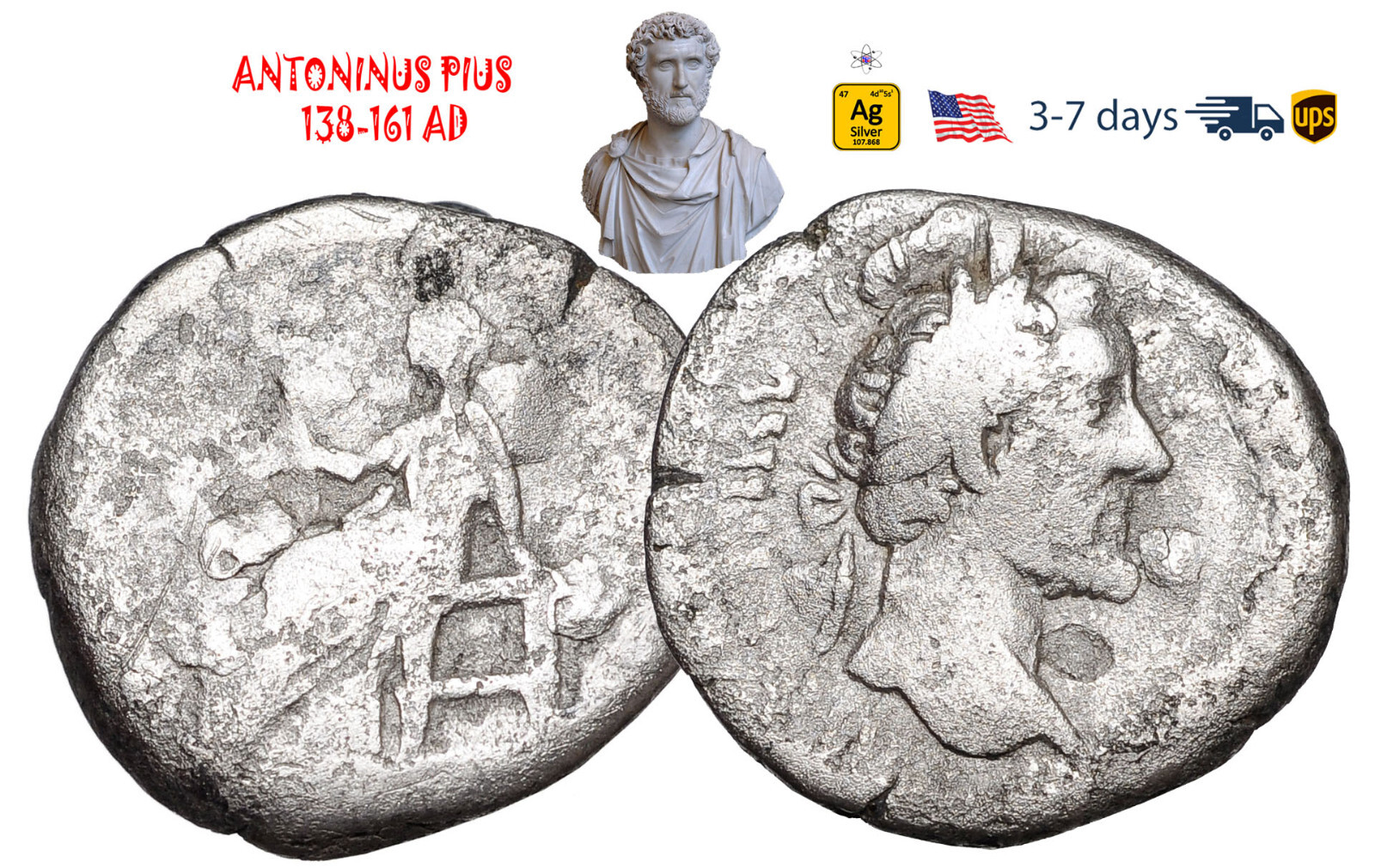 Ancient Roman Empire Coin Silver Denarius ANTONINUS PIUS 138-161 AD #32154