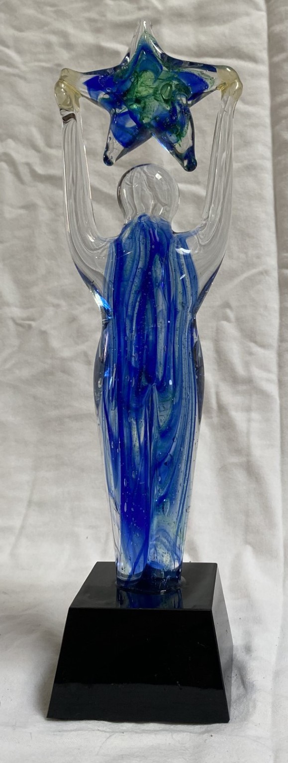 EDCO, ART GLASS FIGURAL AWARD TROPHY, GREEN, CLEAR, BLUE ON BLACK BASE