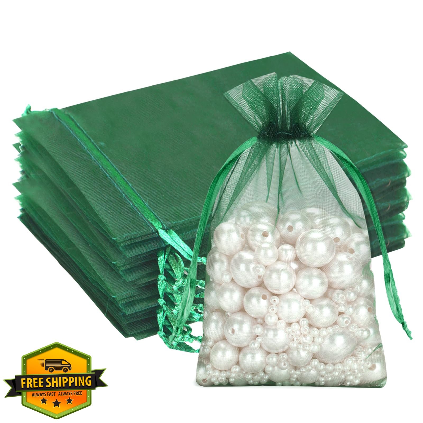 G2PLUS 100pk Dark Green Organza Bags 4x6, Drawstring Pouches