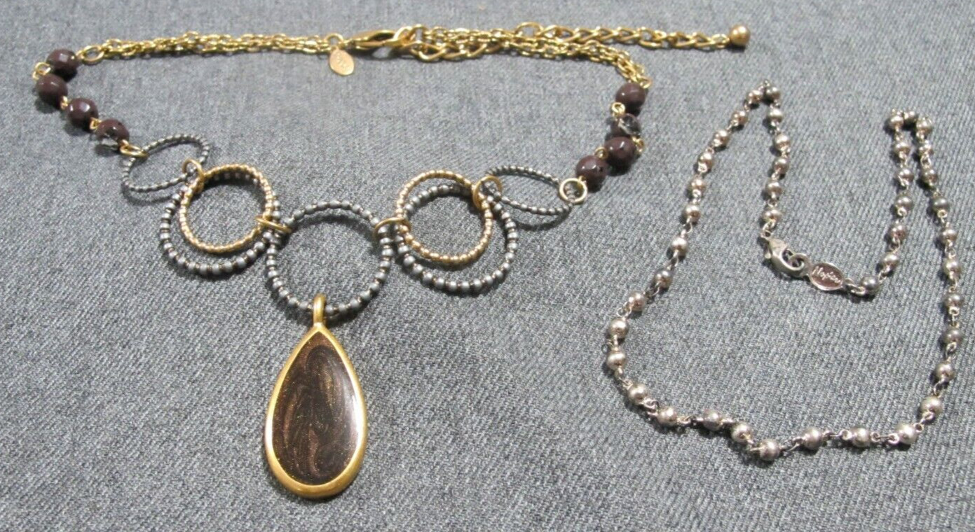 Vintage signed chico brown pendant + Napier silvertone ball chain necklace lot