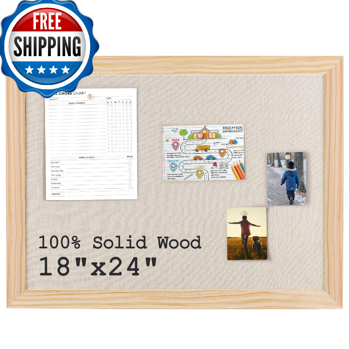 Linen Cork Bulletin Board, Wood Framed 18"x24" - Self-Healing Pin Board