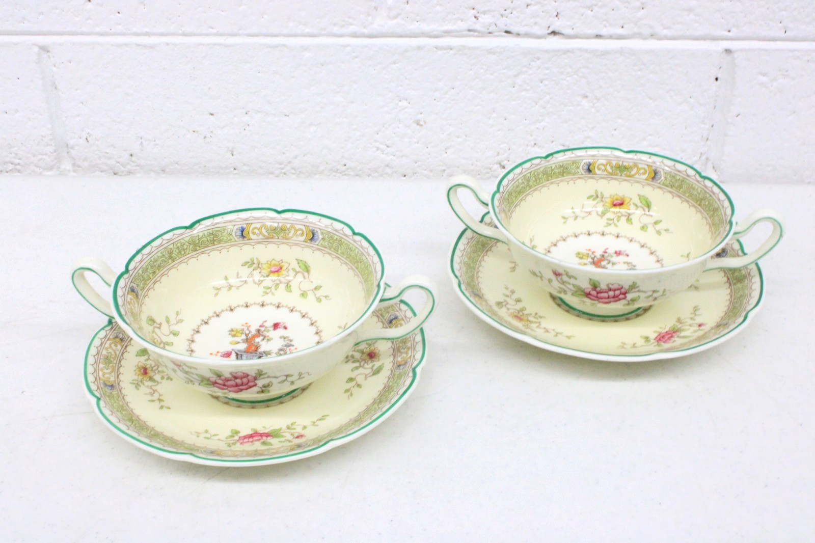 Vtg Royal Doulton Lillian Floral Porcelain Cream Soup 2 Bowls 2 Saucers 4pc Set