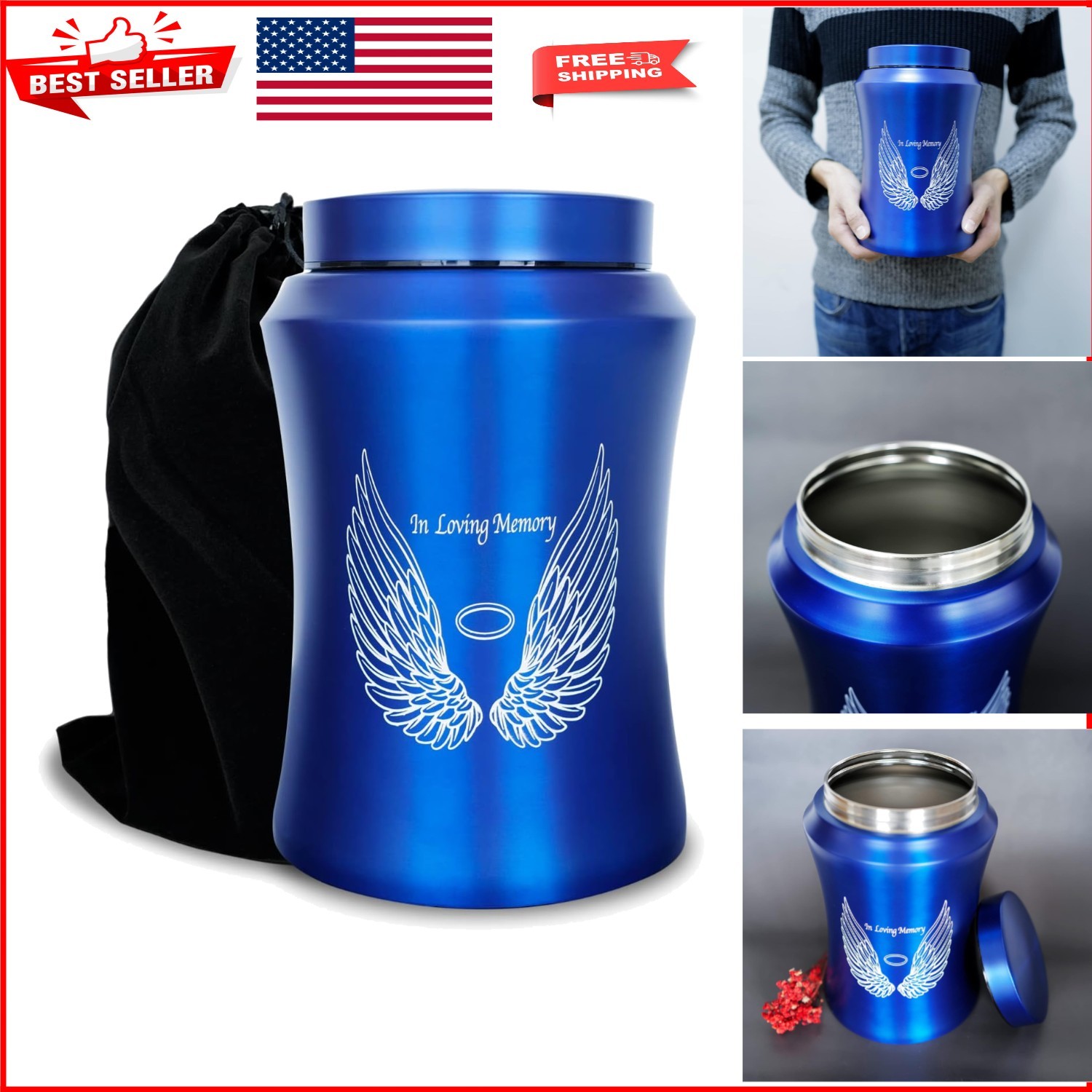 Polished Stainless Steel Angel Wings Urn for Ashes - Large 220 lbs Capacity