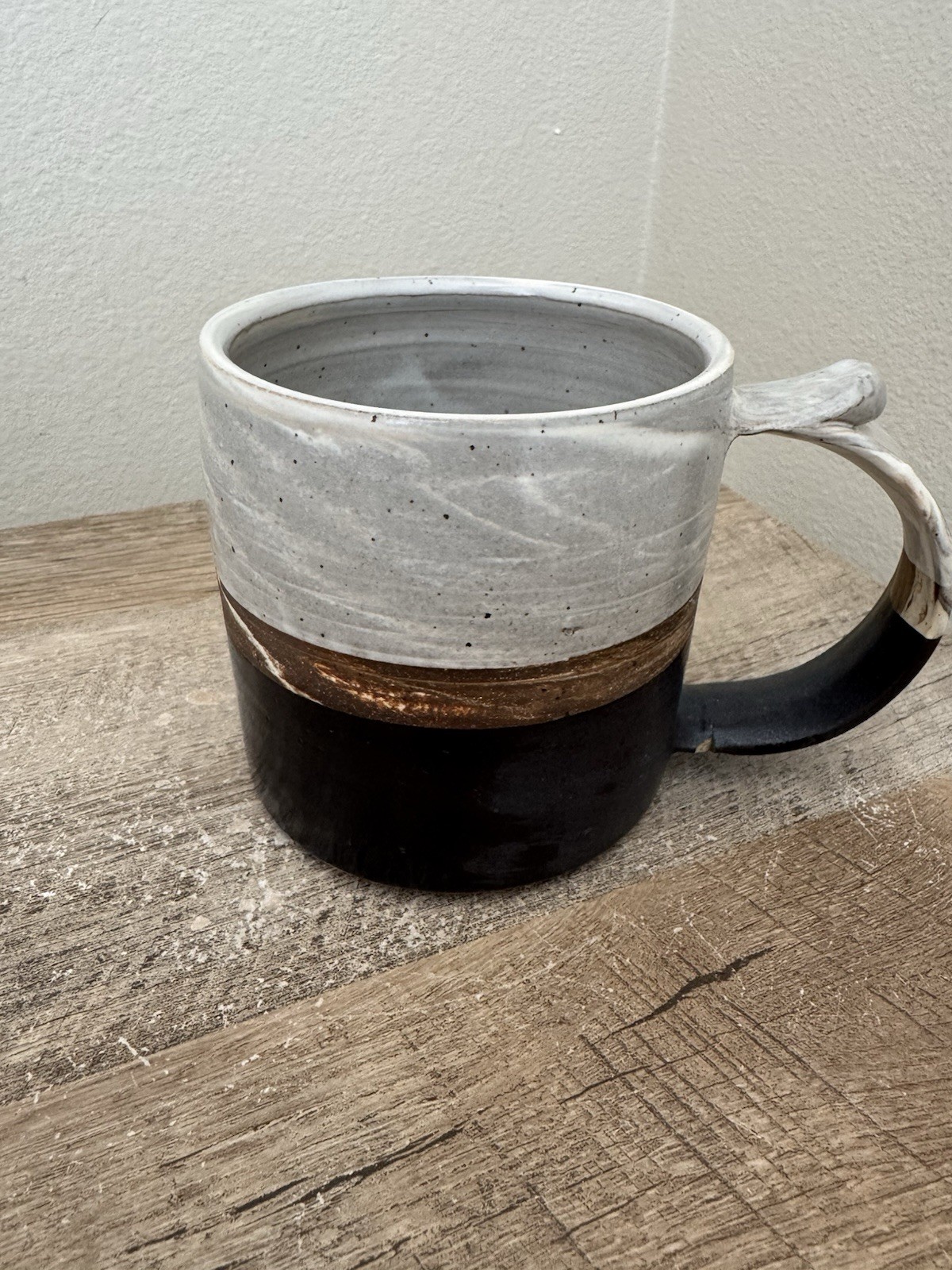 Studio Pottery Coffee Mug Black Brown Gray Cup Signed