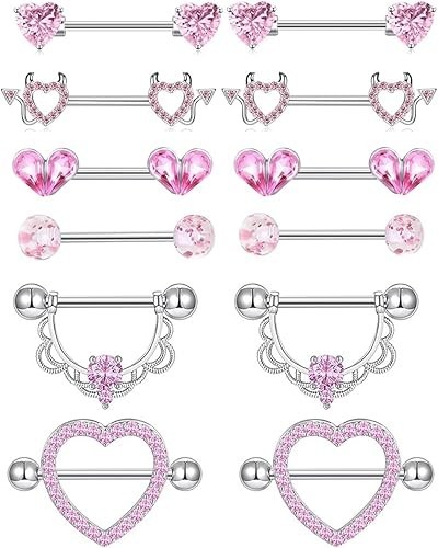 6 Pairs Nipple Rings Surgical Stainless Steel 14g, pink