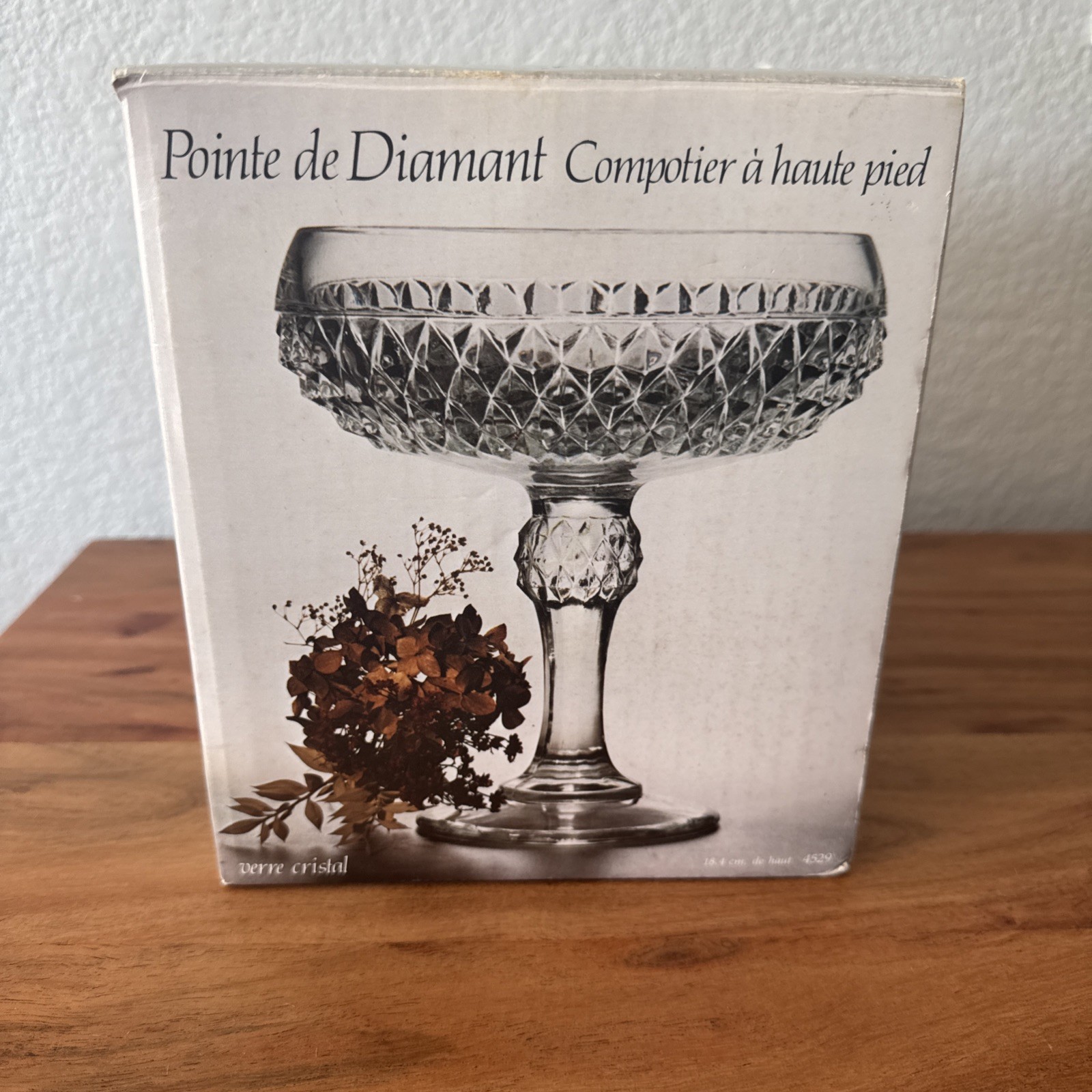 New In Box Indiana Glass Clear Diamond Point Tall Footed Compote 7”