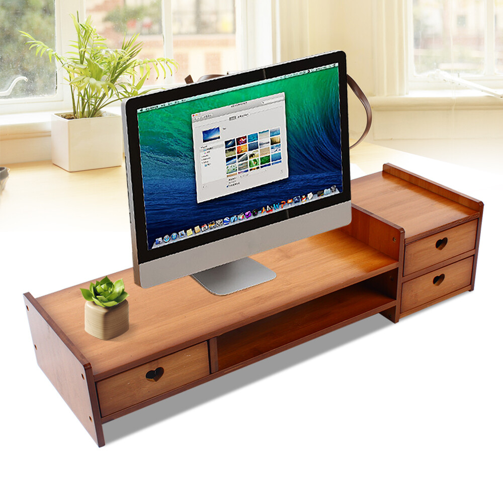 Sturdy Bamboo Wood Monitor Stand Riser w/ Drawer - Desk Storage Organizer Tool