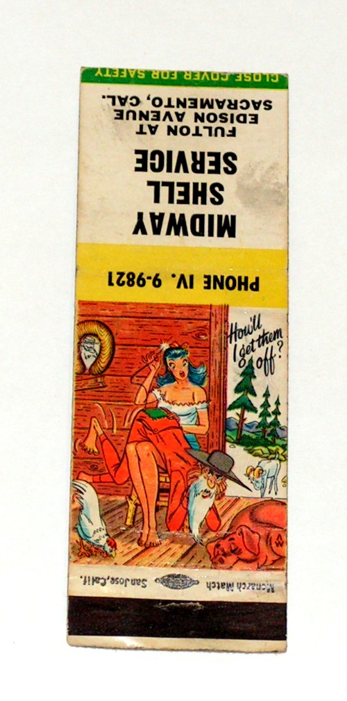 Vintage Cartoon Design Matchbook Cover Midway Shell Service Sacramento CA