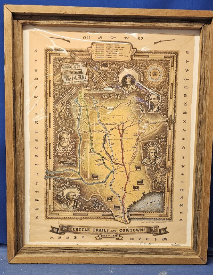 Texas Cattle Trails Map Framed