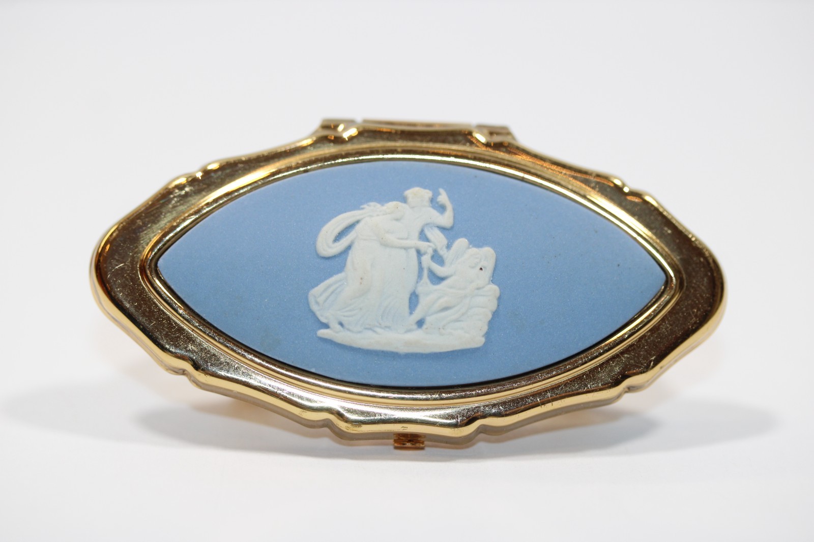 Vtg Stratton Compact Mirror Blue Jasperware made in England Gold Tone Scarf Rare