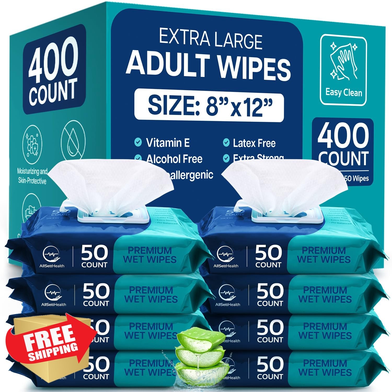 Body Wipes for Adults No Rinse 400 Count 8"x12" Aloe Vera Vitamin E